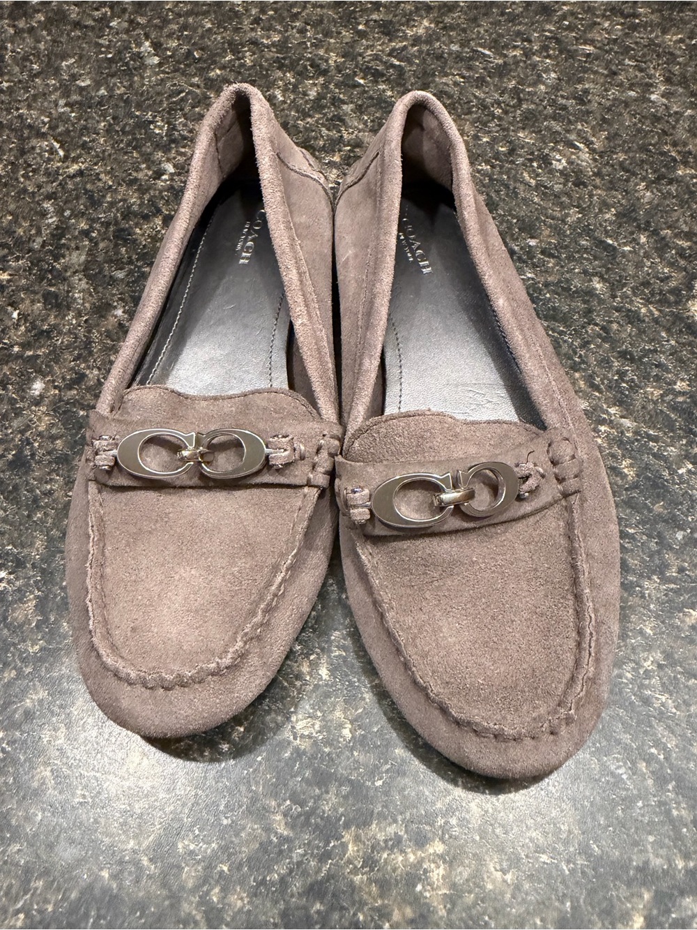 Coach Taupe Suede Loafers with Silver-Tone Bit